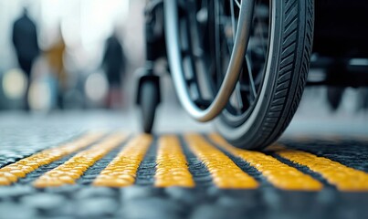 Naklejka premium Wheelchair navigating tactile paving, symbolizing urban accessibility and inclusivity for all citizens.