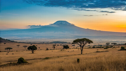 Obraz premium Kenya’s savanna at dusk, where Mount Kilimanjaro towers over endless plains beneath a glowing, color-shifting sky, embodying nature’s untouched beauty.