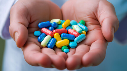 Colorful assortment of various pills held in hands, symbolizing health and wellness choices