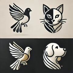 Fototapeta premium A modern, minimalist logo featuring a **cat, pigeon, and dog** in a sleek, artistic design. The animals are illustrated using smooth, elegant lines, forming a balanced and visually appealing compositi