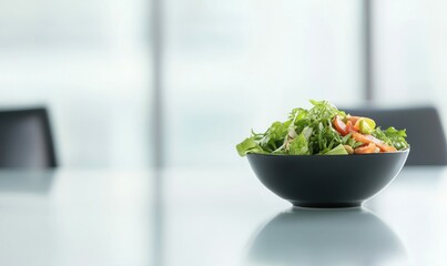 A fresh and vibrant salad with salmon and avocado on a table, promoting a healthy lifestyle at work.