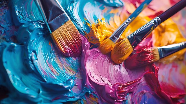 Bright mixed color paints on an artist's palette with paintbrushes, offering a vibrant and inspiring image for creative projects.