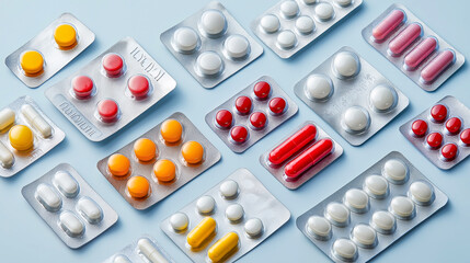 Various tablets and capsules arranged on a blue surface showcasing a range of colors and shapes for pharmaceutical use