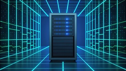 Cyber security network data loss concept. Futuristic server room with glowing lines and data storage unit.