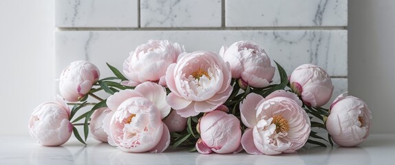 Beautiful Pink Peonies on a Simple Marble Block Background