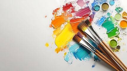 Obraz premium Bright mixed color paints on an artist's palette with paintbrushes, offering a vibrant and inspiring image for creative projects.
