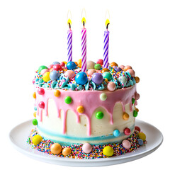 Colorful Birthday Cake with Candies and Candles Isolated on Transparent Background