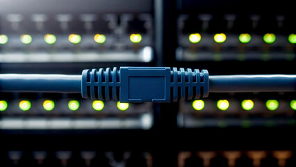 Cyber security network data loss concept. Close-up of a network cable connector against blurred lights in a server environment.