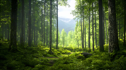 Obraz premium Lush Green Forest Scene Sunlight Through Trees Creating A Tranquil Natural Landscape