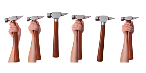 Isolated Transparent Background Photo of Hand Holding a Hammer Tool for Carpentry Nail Construction and Wood Metal Work Repair in Black Background