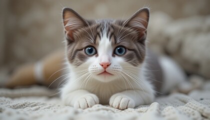 Cute Kitten Resting on Cream Blanket with Striking Blue Eyes