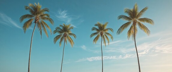 Fototapeta premium Serene tropical perspective with tall palms and a bright blue sky.