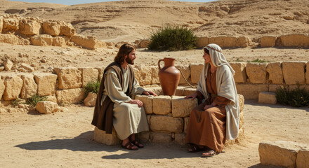 Conversation between Jesus Christ and the Samaritan woman. Photo of the gospel event, biblical times. For Christian publications	