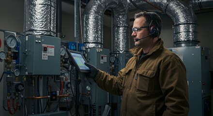 Professional Commercial HVAC Technician Maintaining HVAC Systems in an Office Building (Industry)