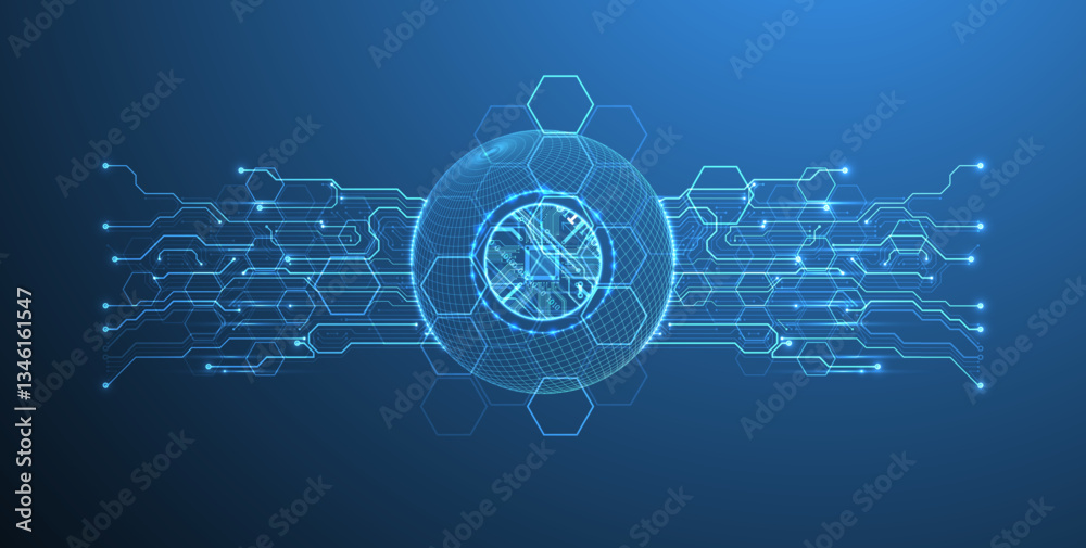Poster Abstract image of a computer chip in the middle of a wireframe sphere on a blue gradient. Vector