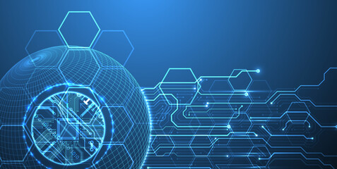 Abstract image of a computer chip in the middle of a wireframe sphere on a blue gradient. Vector