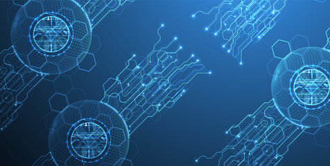 Abstract image of a computer chip in the middle of a wireframe sphere on a blue gradient. Vector