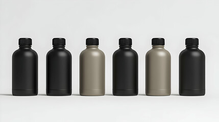 Arrangement Of Black And Beige Bottles In A Row Against A White Background Product Design