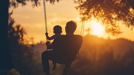 Father and son silhouetted on a swing at sunset.
