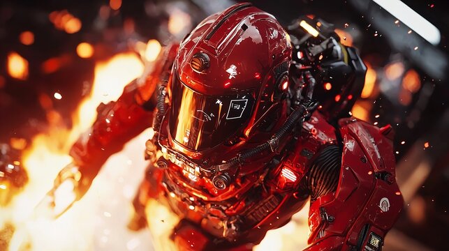 Crimson robot Armored Figure Amidst Fiery Destruction
