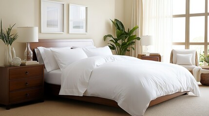 Modern Bright Bedroom with White Bedding, Stylish Furniture, and Natural Light Accents