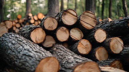 a pile of chopped wood in a fores, Generative AI