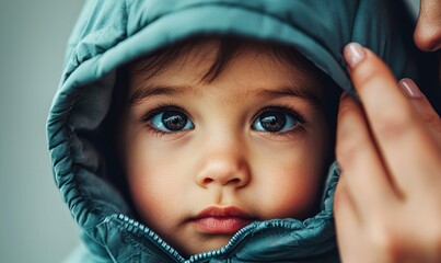 A sweet, adorable toddler peers out from under a cozy, warm winter hood, looking curious and innocent.