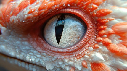 Reptile's eye close-up. Patterned skin in orange and white, focusing on the iris