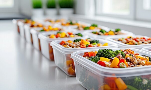 Neatly organized meal prep containers filled with nutritious foods line a bright kitchen counter.