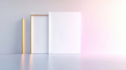 Modern minimalist display.  Empty white panels, golden accents.  Bright, clean backdrop