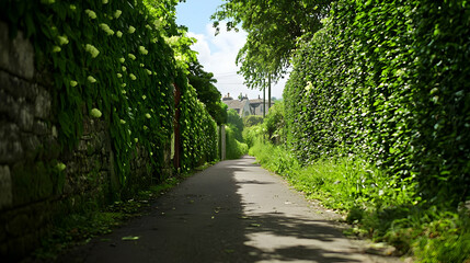 Sunlit pathway with green ivy walls leading towards a building in summer season daylight