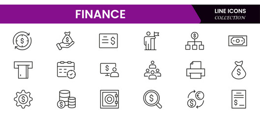 Finance and business line icons collection. Big UI icon set in a flat design. Thin outline icons pack.