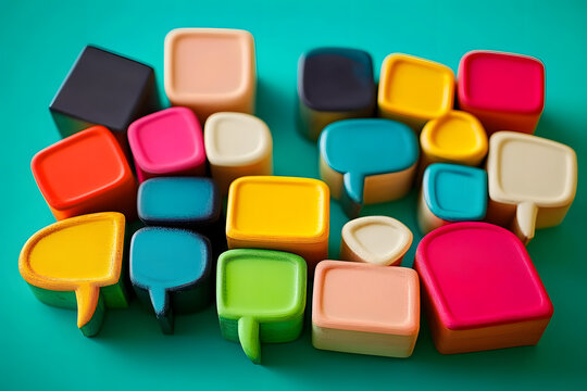 The concept of inclusive language is illustrated by colorful cubes and speech bubbles