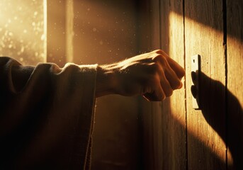 Hand knocking on a wooden door. Gospel illustration of the scripture: 