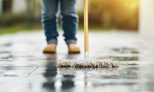 A young child is diligently mopping a stone patio, learning responsibility and cleanliness through chores.