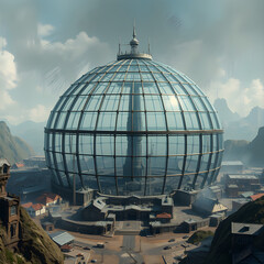 Obraz premium Szklany okrągły budynek we mgle. Semi-realistic scene emphasizing reflective surfaces, soft atmospheric haze, and a minimal, modern architectural environment. 