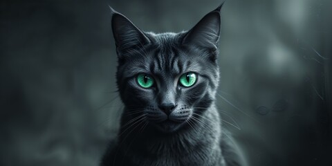 Cat with glowing green eyes in dark shadowy lighting.