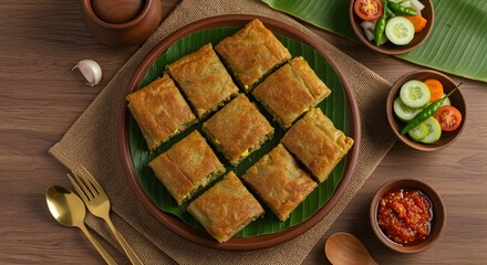 Serving Indonesian Martabak Telur with Pickles and Chili Sauce on Wood