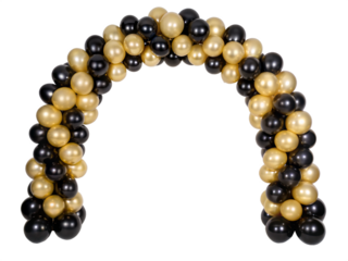 Black and golden balloons arch isolated on transparent background. Png