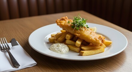 Serving of Fish and Chips on a Plate in Restaurant Setting
