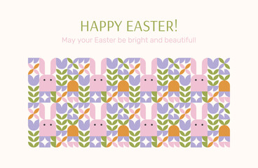 Happy Easter horizontal banner, poster, flyer template with cute bunnies and flowers in geometric style. Easter greeting design.