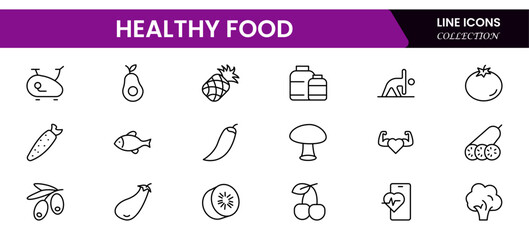 Nutrition set of web icons in line style. Healthy food linear icon collection. Containing food, vegetables, water, palm oil free, сaunt calories, zero trans fat, probiotics and more.