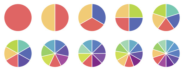 Infographic icon pie circles set divided radius in grey color. Segments of circle with 1 to 10 pieces. Pie diagram set. Divided circle sections set. Vector 10 eps.