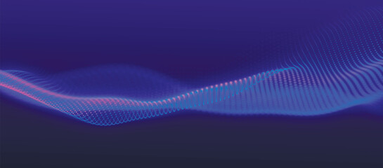 Abstract background with dynamic color wave. Futuristic dotted wave of bright particles. Colorful background for presentation design. Wide format vector illustration. Weave effect.