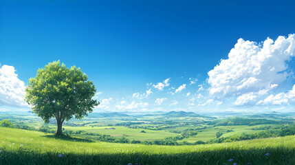 Fototapeta premium Vast Green Valley Under Sunny Blue Sky With Single Tree