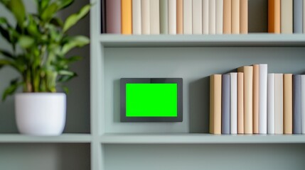 Sustainable and smart home organization concept. Modern bookshelf featuring a green screen display and a potted plant, creating a stylish home office or living space aesthetic.