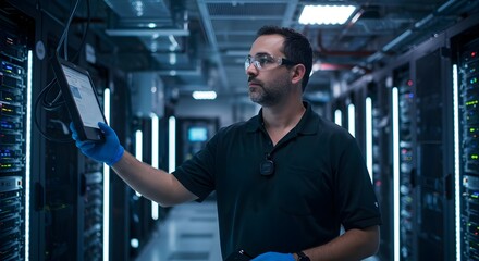 HVAC Technician Inspecting High-Tech Cooling Systems in a Data Center (Industry)