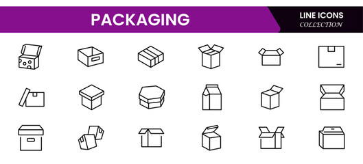 Package box line icon vector set. Containing open cardboard, fast delivery box, container, parcel protection, storage, good packing, fragile, wrapped, offer, processed, product shipping, merchandise