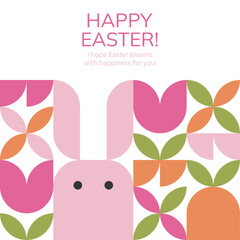 Happy Easter greeting card concept with cute bunnies and spring flowers. Creative Easter banner, flyer, card template.