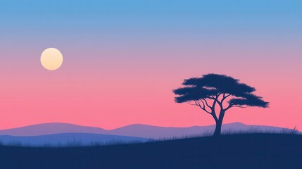 African savanna sunset landscape with acacia tree.